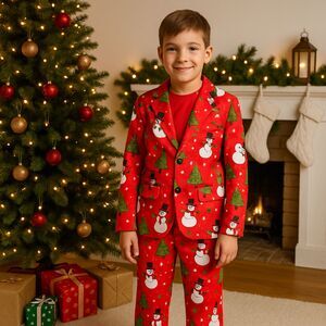 Boys M 10/12 Red Festive Holiday 2-Pc Snowman Christmas Suit Set